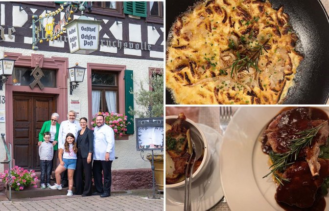 Familie Jost vor der Ochsenpost in Tiefenbronn. Auf die Tische kommen große Portionen.<span class='image-autor'>Foto: Ochsenpost</span>