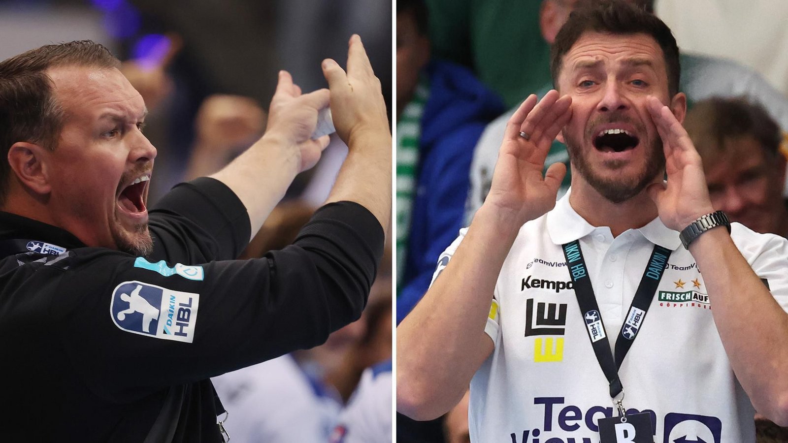 Die Trainer Misha Kaufmann (li./TVB Stuttgart) und Ben Matschke (Frisch Auf Göppingen) stehen mit ihren Teams jeweils vor Heimspielen vor vollen Hallen.Foto: Baumann/Hansi Britsch Die Trainer Misha Kaufmann (li./TVB Stuttgart) und Ben Matschke (Frisch Auf Göppingen) stehen mit ihren Teams jeweils vor Heimspielen vor vollen Hallen.Foto: Baumann/Hansi Britsch