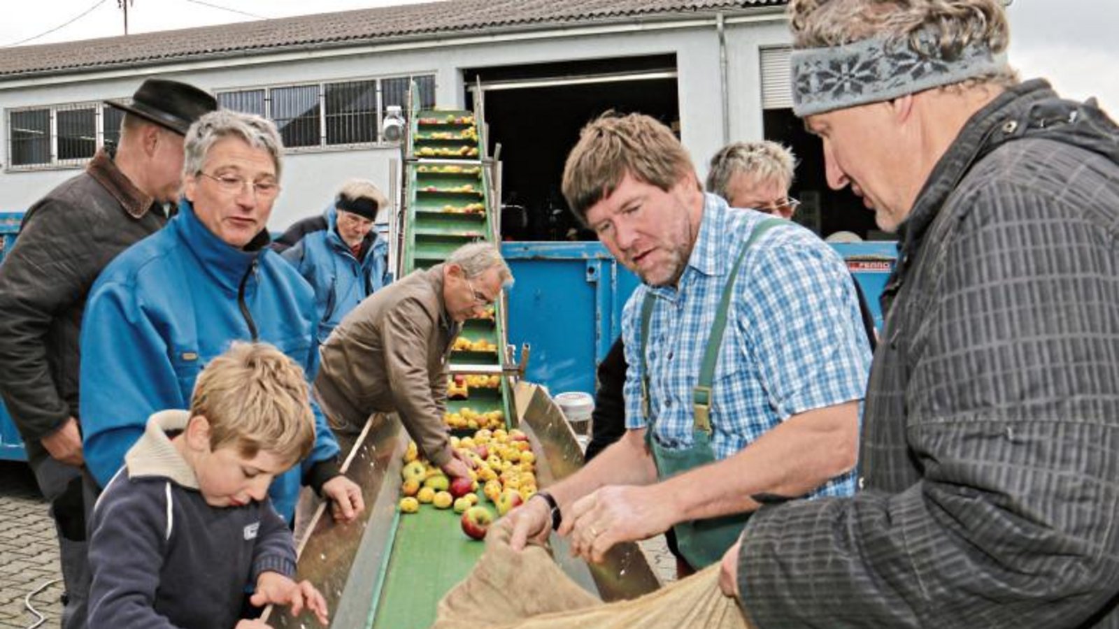 Die Schaffer von der Streuobstinitiative in Aktion, mit dabei Rösler (blau kariert) samt Filius. sr Die Schaffer von der Streuobstinitiative in Aktion, mit dabei Rösler (blau kariert) samt Filius. sr