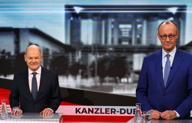 Olaf Scholz und Friedrich Merz im TV-Duell der „Bild“ und der „Welt“.<span class='image-autor'>Foto: AFP/FABRIZIO BENSCH</span>
