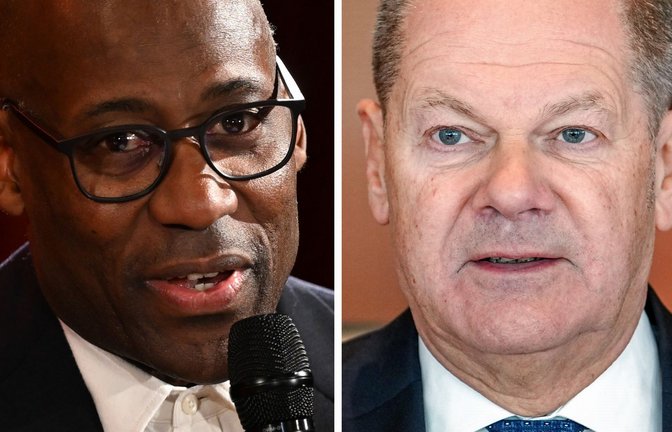 Sie sprachen auf einem Geburtstagsempfang miteinander: Joe Chialo und Olaf Scholz.<span class='image-autor'>Foto: dpa/Soeren Stache</span>