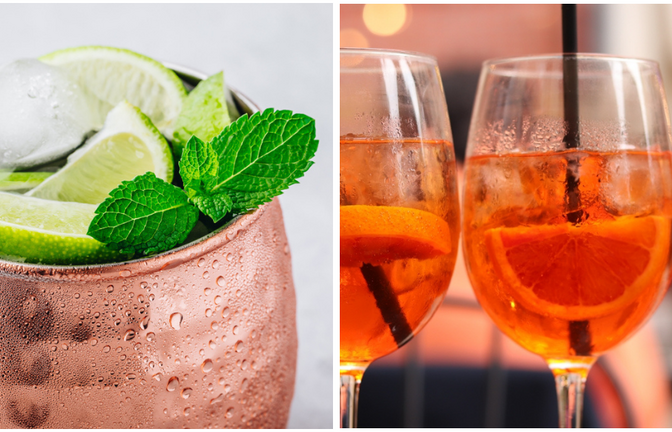 Die Kaulitz-Brüder mixen sich einen Mexican Mule (l.) und einen Aperol Spritz mit Glitzer (r.) (Symbolbilder)<span class='image-autor'>Foto: nblx/ Shutterstock; Klymenko Mariia/ Shutterstock</span>