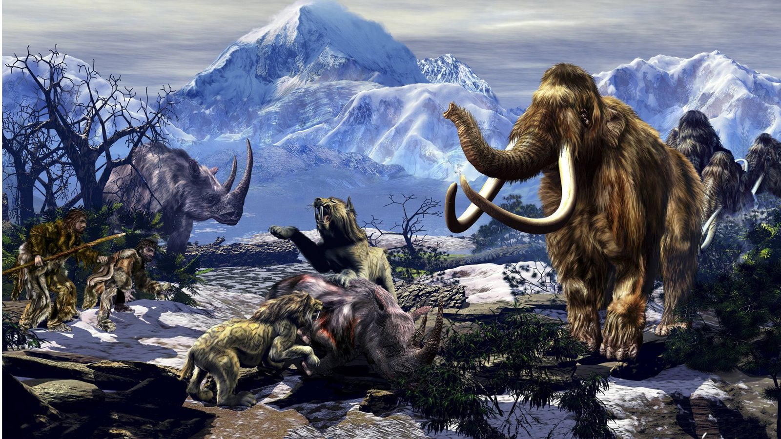 Steinzeitliche Diorama: Zwei Neandertaler mit Höhlenlöwen, Wollnasshorn und Mammuts.Foto: Imago/StockTrek Images Steinzeitliche Diorama: Zwei Neandertaler mit Höhlenlöwen, Wollnasshorn und Mammuts.Foto: Imago/StockTrek Images