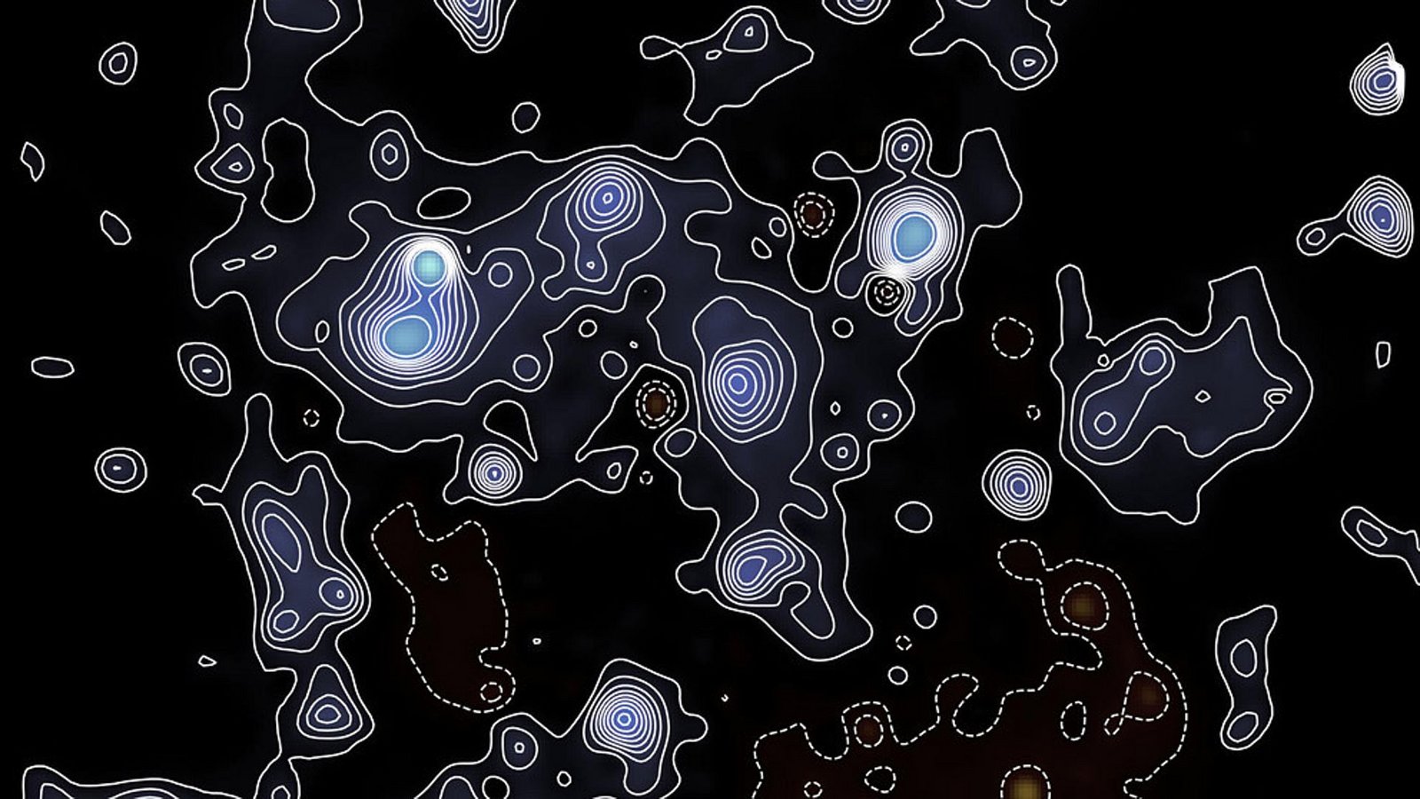 Eine neue Kartierung zeigt die Verteilung und Dichte Dunkler Materie so genau wie nie zuvor. Die Konturlinien verbinden Bereiche gleicher Dunkle-Materie-Dichte.Foto: © Gavin Leroy/ COSMOS-Webb collaboration Eine neue Kartierung zeigt die Verteilung und Dichte Dunkler Materie so genau wie nie zuvor. Die Konturlinien verbinden Bereiche gleicher Dunkle-Materie-Dichte.Foto: © Gavin Leroy/ COSMOS-Webb collaboration