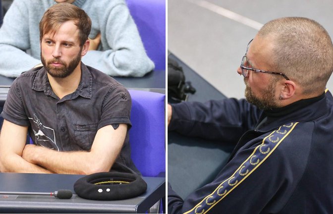 Die Linken-Abgeordneten Marcel Bauer (links) und Vinzenz Glaser im Bundestag – fast schon seltene Bilder, denn die beiden verpassen beinahe jede zweite namentliche Abstimmung.<span class='image-autor'>Foto: IMAGO/dts Nachrichtenagentur/Collage: STZN</span>