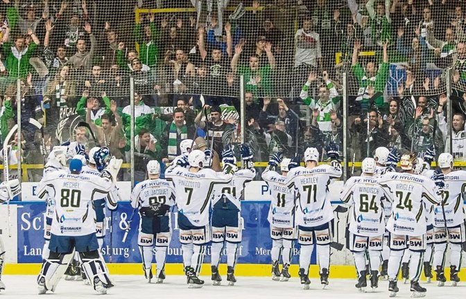 Schon im dritten Jahr nacheinander feiern die Bietigheim Steelers den Einzug ins Play-off-Finale der Deutschen Eishockey Liga (DEL) 2 und jubeln gemeinsam mit ihren Fans. Foto: Simecek