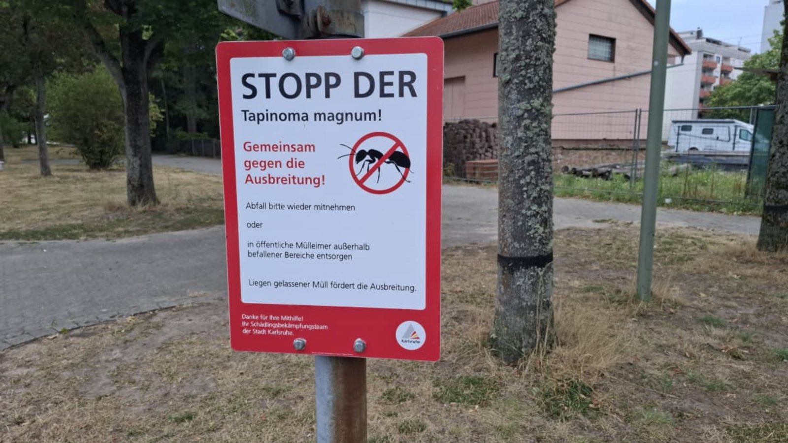 Ein Hinweisschild im Park am Alten Bahnhof in Neureut: Der nördlichste Stadtteil von Karlsruhe ist besonders stark von der Tapinoma-Ausbreitung betroffen.Julian Meier Ein Hinweisschild im Park am Alten Bahnhof in Neureut: Der nördlichste Stadtteil von Karlsruhe ist besonders stark von der Tapinoma-Ausbreitung betroffen.Julian Meier