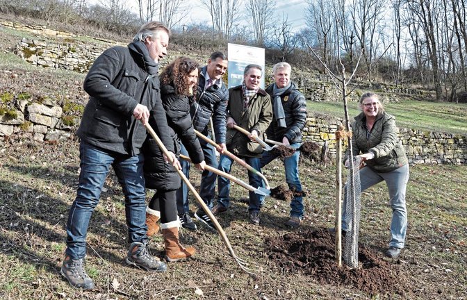 Auftakt für ein ehrgeiziges Natur- und Kulturprojekt im Mettertal (von rechts) Elke Grözinger, Landschaftsökologin; Oberbürgermeister Jürgen Kessing; NatureLife-Präsident C.-P. Hutter; Porschevorstand Dr. Michael Steiner; Veronica Sapena-Mas, Leiterin Förderprojekte bei Porsche; Frank Welzel vom Königin-Katharina-Fonds.  Foto: p