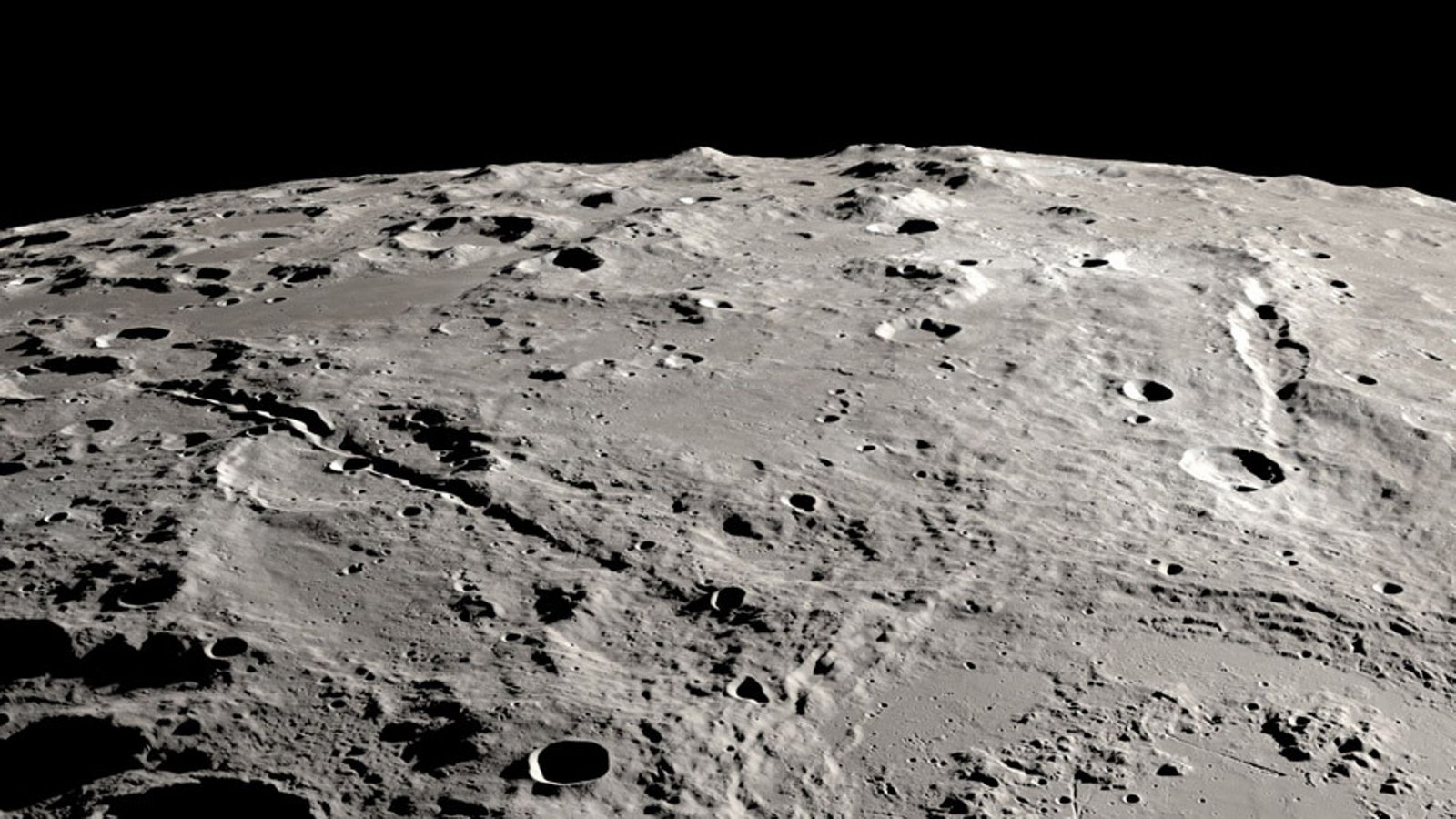 Blick auf die beiden großen Mondschluchten Vallis Schrödinger (links) und Vallis Planck (Mitte). Jeder von ihnen ist tiefer als der Grand Canyon.Foto: © Nasa/SVS/Ernie T. Wright Blick auf die beiden großen Mondschluchten Vallis Schrödinger (links) und Vallis Planck (Mitte). Jeder von ihnen ist tiefer als der Grand Canyon.Foto: © Nasa/SVS/Ernie T. Wright