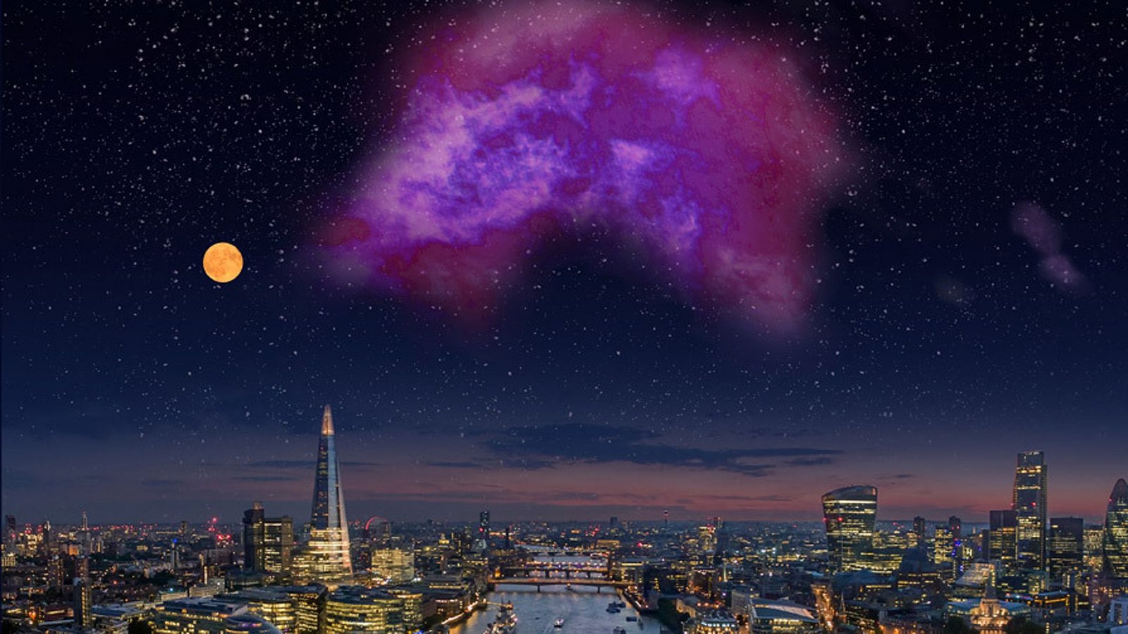 Die neu entdeckte „Eos“-Molekülwolke wäre am Himmel riesig, wenn sie mit bloßem Auge sichtbar wäre. Sie leuchtet aber nur im Fern-Ultraviolett.Foto: © Queen Mary University of London/Ilya Grigorik (London Skyline)/YourCredit (Eos Cloud)