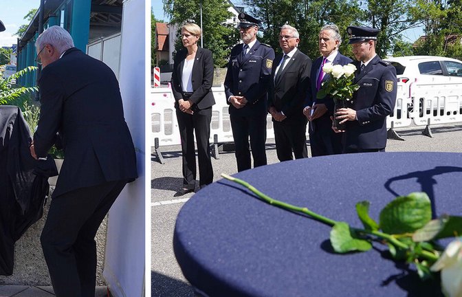 In Degerloch erinnert nun eine Stele an den verunglückten Polizeihauptkommissar Thomas Hohn. Auch OB Nopper und Innenminister Strobl waren vor Ort.<span class='image-autor'>Foto: Andreas Rosar</span>