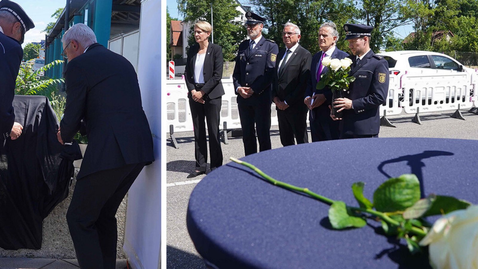 In Degerloch erinnert nun eine Stele an den verunglückten Polizeihauptkommissar Thomas Hohn. Auch OB Nopper und Innenminister Strobl waren vor Ort.Foto: Andreas Rosar