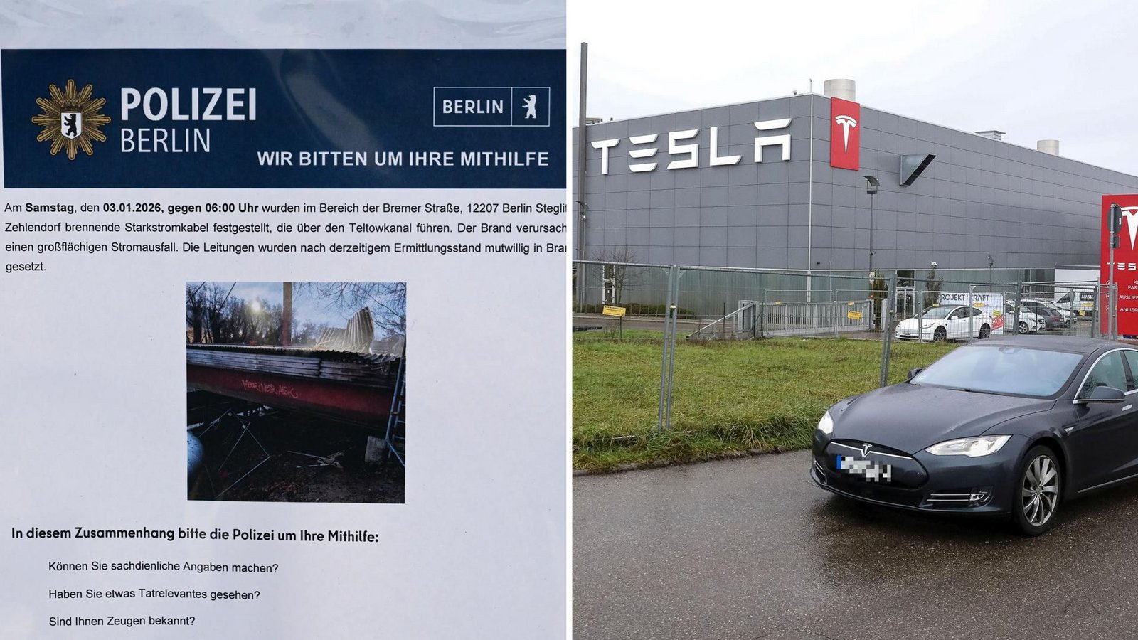 Die Polizei in Berlin sucht nach Zeugen, die Angaben machen können zu den mutwillig in Brand gesetzten Kabel (li.). Auch in der Region Stuttgart kam es auf einem Tesla-Gelände bereits zu einem Brandanschlag.Foto: Eibner-Pressefoto Die Polizei in Berlin sucht nach Zeugen, die Angaben machen können zu den mutwillig in Brand gesetzten Kabel (li.). Auch in der Region Stuttgart kam es auf einem Tesla-Gelände bereits zu einem Brandanschlag.Foto: Eibner-Pressefoto
