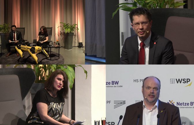 Roboterhund Spot (links oben) kann Vorbild für die jungen Forscher sein. Die Gewinner des Regionalwettbewerbs „Jugend forscht“ gaben Markus Epple (oben rechts), Vera Feldmann und Frank Niemann am Freitag via Livestream bekannt.  <span class='image-autor'>Foto: Friedrich</span>