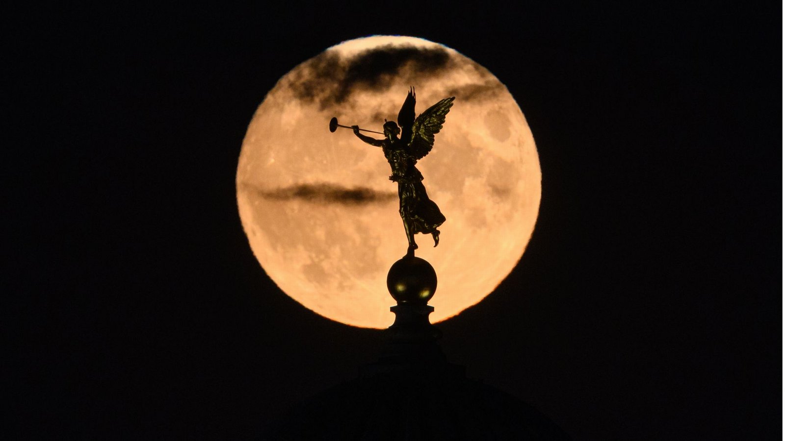 Der Mond geht am Abend hinter der Kuppel der Akademie der Bildenden Künste in Dresden mit dem Engel „Fama“ auf. Im Mai 2026 ist gleich zweimal ein Vollmond zu sehen.Foto: Robert Michael/dpa