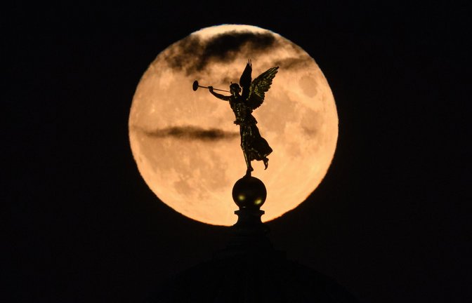 Der Mond geht am Abend hinter der Kuppel der Akademie der Bildenden Künste in Dresden mit dem Engel „Fama“ auf. Im Mai 2026 ist gleich zweimal ein Vollmond zu sehen.<span class='image-autor'>Foto: Robert Michael/dpa</span>