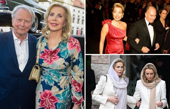Gabriele zu Leiningen und Wolfgang Porsche (Foto links) sind seit Kurzem verheiratet. Sechs Jahre lang war die Deutsche die Begum Aga Khan (oben). Zu Leiningen mit ihrer Tochter Theresa bei der Beerdigung von Karim Aga Khan IV. (rechts unten) in Lissabon.<span class='image-autor'>Foto: IMAGO/Weißfuß//Tinkeres/Anadolu Agency</span>
