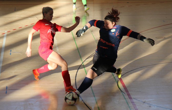 Lea Schmid (links) vom SV Horrheim scheitert in dieser Szene an der Torfrau des FC Biegelkicker Erdmannhausen. <span class='image-autor'>Foto: Dittrich</span>