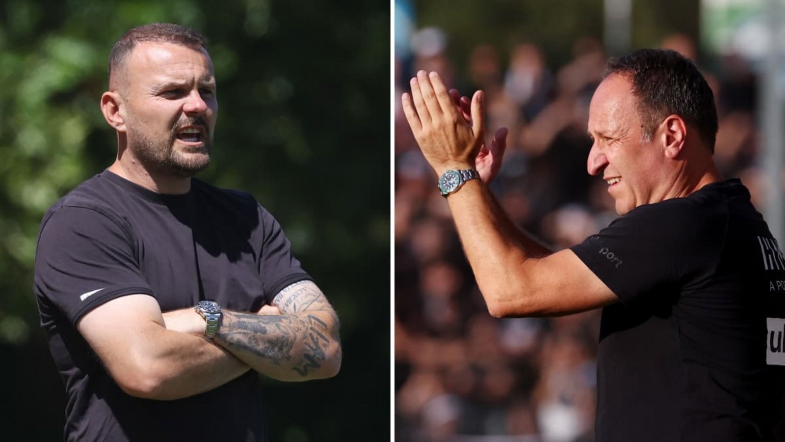 Zwei unterschiedlicher Trainer-Typen: Kushtrim Lushtaku (li.) vom SGV Heilbronn-Freiberg und Holger Bachthaler von den Stuttgarter Kickers.Baumann Zwei unterschiedlicher Trainer-Typen: Kushtrim Lushtaku (li.) vom SGV Heilbronn-Freiberg und Holger Bachthaler von den Stuttgarter Kickers.Baumann