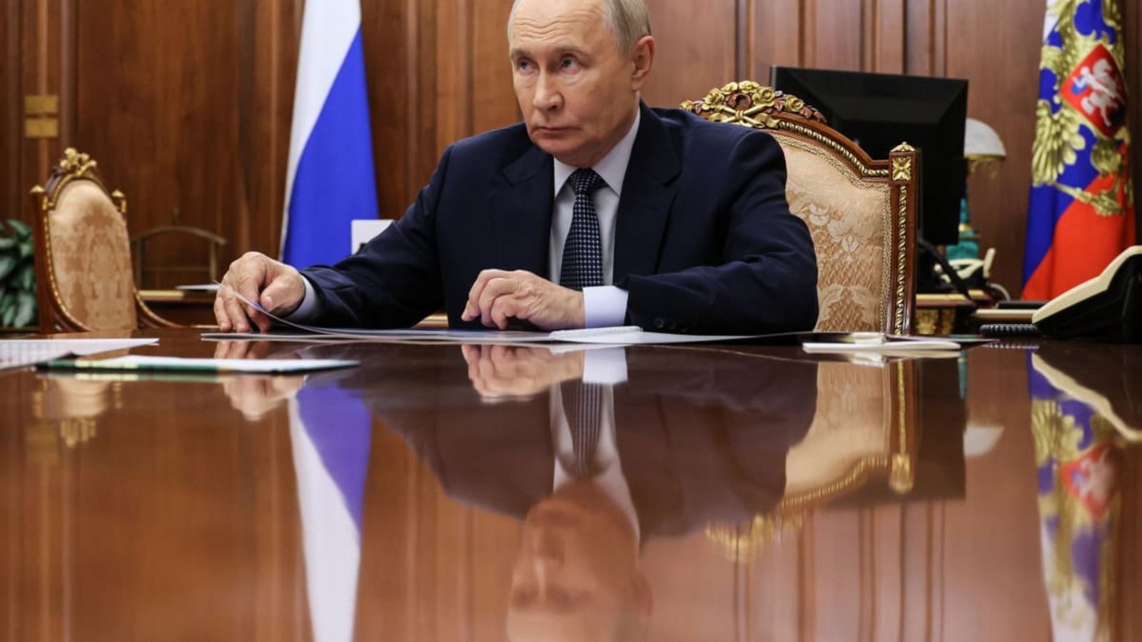 Russlands Präsident Wladimir Putin antwortet auf die angekündigte Schließung des Russland-Hauses in Berlin.Mikhail Metzel/Pool Sputnik Kremlin/AP/dpa