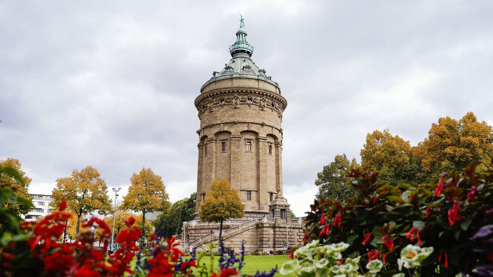 Blumen stehen vor dem Wasserturm in Mannheim an einer Wiese.Foto: Uwe Anspach/dpa Blumen stehen vor dem Wasserturm in Mannheim an einer Wiese.Foto: Uwe Anspach/dpa