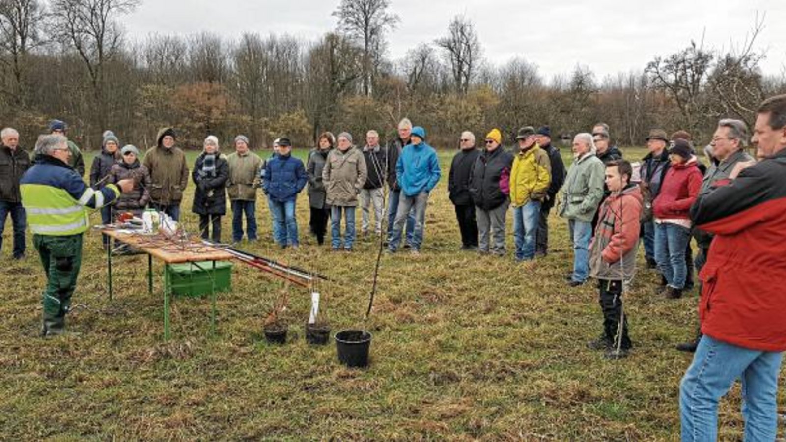 Die Teilnehmer lauschen in Oberriexingenden den Ausführungen des Baumwarts.  Foto: p