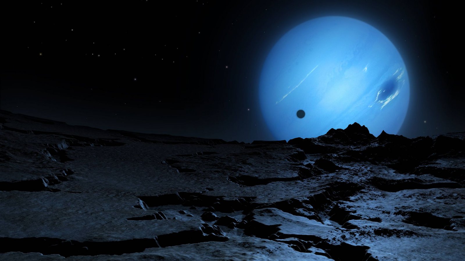 3D-Illustration der Oberfläche eines größeren kosmischen Objekts im Kuipergürtel mit dem Neptun im Hintergrund.Foto: Imago/Science Photo Library 3D-Illustration der Oberfläche eines größeren kosmischen Objekts im Kuipergürtel mit dem Neptun im Hintergrund.Foto: Imago/Science Photo Library