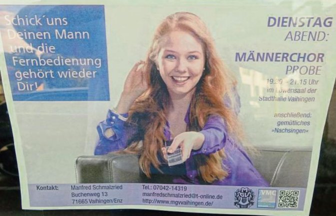 „Schick’ uns Deinen Mann und die Fernbedienung gehört wieder Dir!“ Der Männergesangverein Vaihingen bezirzt Frauen mit unwiderstehlicher Werbung – hier hinter einer Autoscheibe.  Foto: Rücker