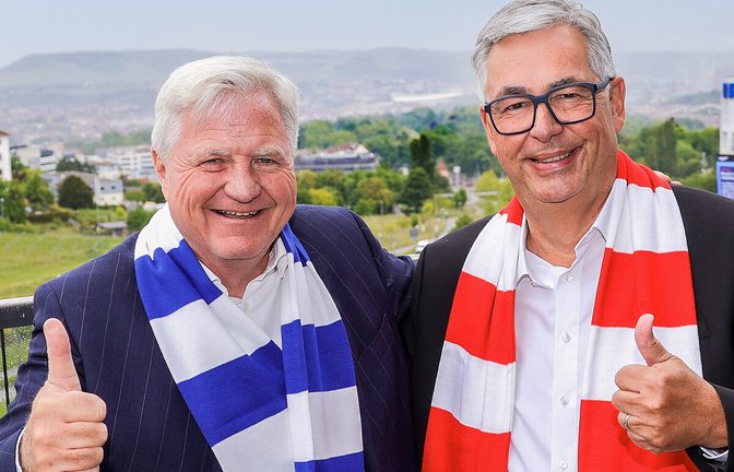 Entspannte Atmosphäre in luftiger Höhe: die Präsidenten Rainer Lorz (Kickers/li.) und Dietmar Allgaier (VfB) im zehnten Stock des Radisson Blu Hotels<span class='image-autor'>Foto: Baumann</span>