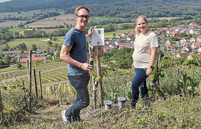 Lea und Matthias Kurrle haben in den Weinbergen Spielbergs und Ochsenbachs edle Tropfen versteckt, welche die Teilnehmer am Wein-Caching suchen und genießen können. Foto: Glemser