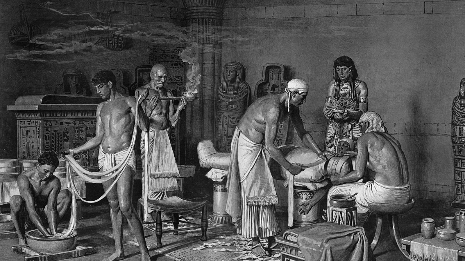 Pharao Tutanchamun wird von Priestern in seinem unterirdischen Grab im Tal der Könige einbalsamiert (Grafikdruck aus dem Jahr 1923).Foto: Imago/Gemini Collection Pharao Tutanchamun wird von Priestern in seinem unterirdischen Grab im Tal der Könige einbalsamiert (Grafikdruck aus dem Jahr 1923).Foto: Imago/Gemini Collection
