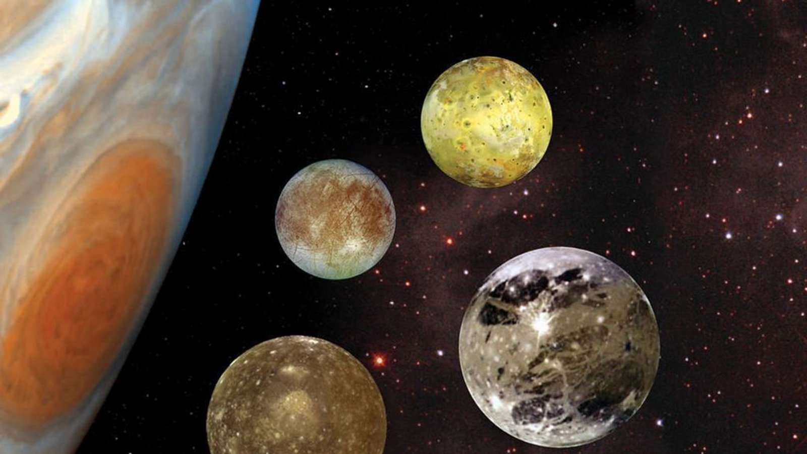 Im Jahr 1610 entdeckte der italienische Gelehrte Galileo Galilei die vier großen Monde Io (oben rechts), Europa (oben links), Ganymed (unten links) und Kallisto (unten rechts), die deshalb auch als Galileische Monde bezeichnet werden.Foto: Nasa/JPL-Caltech