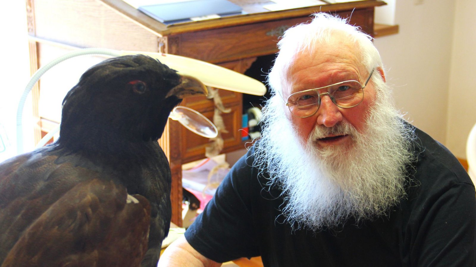 „Das sind zwei alte Hähne“, sagt Peter Berthold über sich und den ausgestopften Auerhahn. Das Exemplar stammt aus der Vogelwarte Rossitten (heute Russland)Foto: „Das sind zwei alte Hähne“, sagt Peter Berthold über sich und den ausgestopften Auerhahn. Das Exemplar stammt aus der Vogelwarte Rossitten (heute Russland)Foto: 