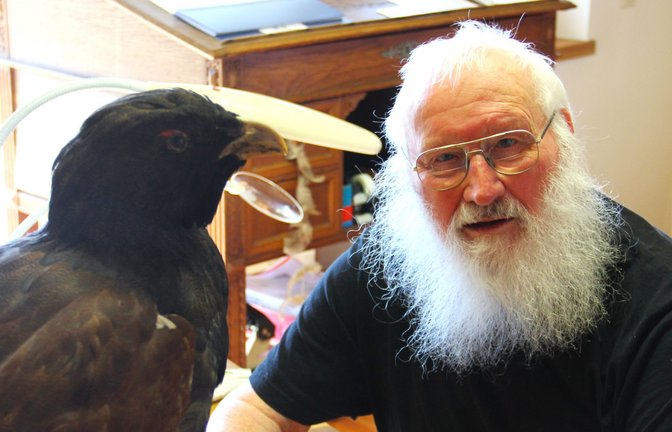 „Das sind zwei alte Hähne“, sagt Peter Berthold über sich und den ausgestopften Auerhahn. Das Exemplar stammt aus der Vogelwarte Rossitten (heute Russland)<span class='image-autor'>Foto: &nbsp;</span>