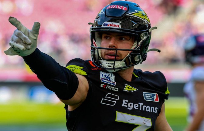 Louis Geyer im größten Spiel seiner Karriere: Beim 24:17-Sieg  im ELF-Finale gegen die Vienna Vikings erzielte der Wide Receiver alle drei Touchdowns von Stuttgart Surge.<span class='image-autor'>Foto: Imago/Foot Bowl</span>