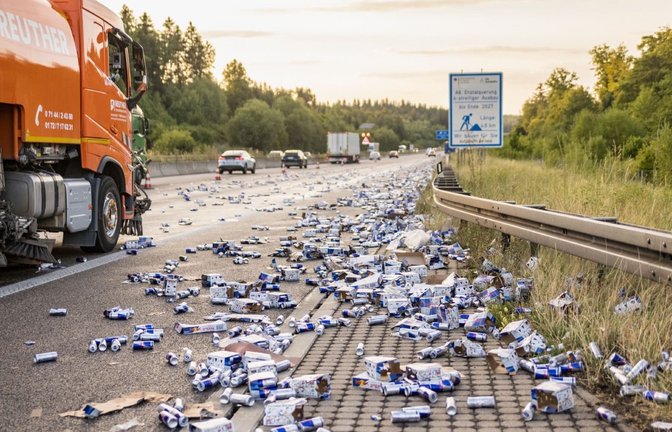 Die Getränkedosen verteilten sich über die ganze Fahrbahn.<span class='image-autor'>Schulz/SDMG/dpa</span>