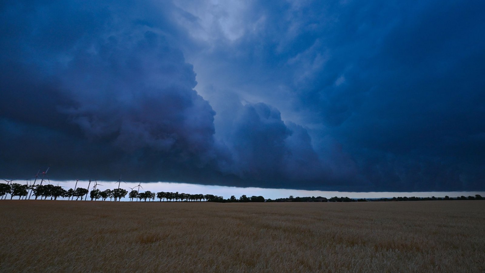 Eine Gewitterzelle zieht mit dunklen Regenwolken über die brandenburgische Landschaft. Der Deutsche Wetterdienst hat die Klima-Bilanz für das Jahr 2022 vorgestellt.Foto: Patrick Pleul/dpa