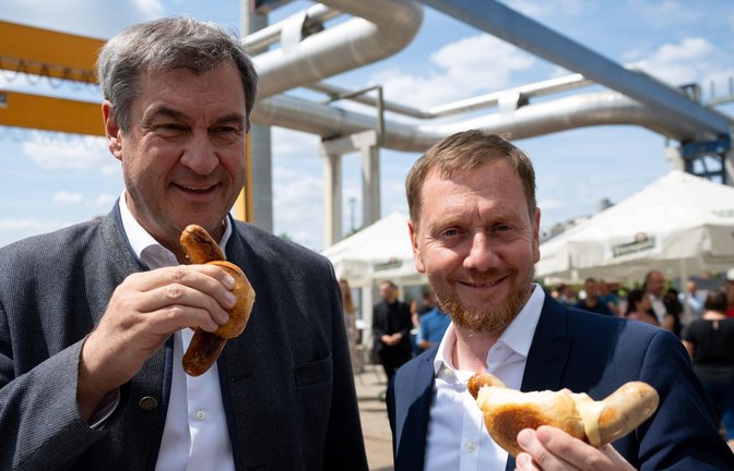 Die Ministerpräsidenten Markus Söder (Bayern) und Michael Kretschmer dringen auf eine Bürgergeld-Reform.<span class='image-autor'>Foto: picture alliance/dpa</span>