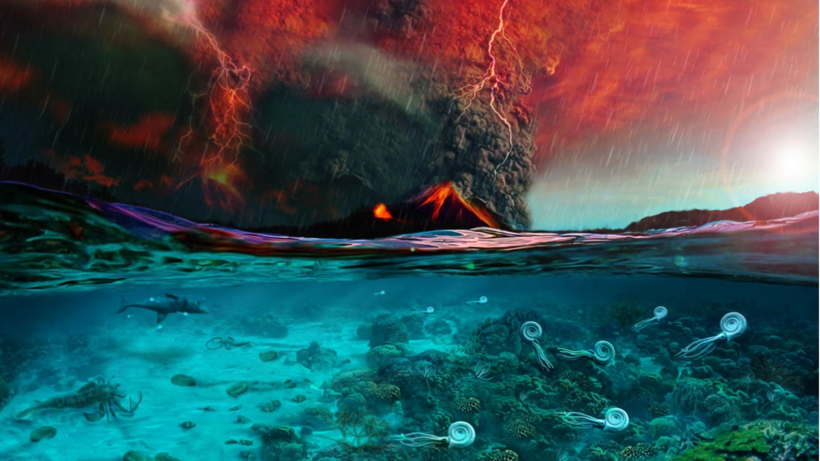 Illustration des Perm-Trias-Massensterbens vor 252 Millionen Jahren.Foto: Dawid Adam Iurino/PaleoFactory/Sapienza University of Rome/Geomar Illustration des Perm-Trias-Massensterbens vor 252 Millionen Jahren.Foto: Dawid Adam Iurino/PaleoFactory/Sapienza University of Rome/Geomar