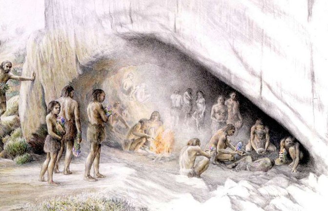 Künstlerische Darstellung einer Neandertaler-Sippe vor ihrer Höhlenbehausung.<span class='image-autor'>Foto: Imago/United Archives International</span>