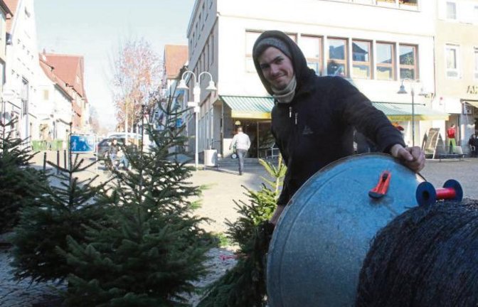 Vor dem Vaihinger Rathaus verkauft Matthias König seit Freitag Weihnachtsbäume. Heiligabend kann kommen.  Foto: Rostek