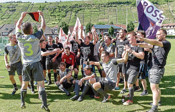 Da ist das Ding: Zusammen mit seinen Mannschaftskameraden feiert Kapitän Benjamin Hiller (Zweiter von links) den Wimpel für den TItelgewinn in der Kreisliga B 7. Foto: Leitner