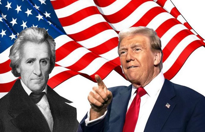 Donald Trump und sein Vorbild Andrew Jackson, der 1829 US-Präsident wurde.<span class='image-autor'>Foto: Imago Stock & People, dpa/Alex Brandon, AdobeStock/nazlisart, Montage: Michaela Rolfes</span>