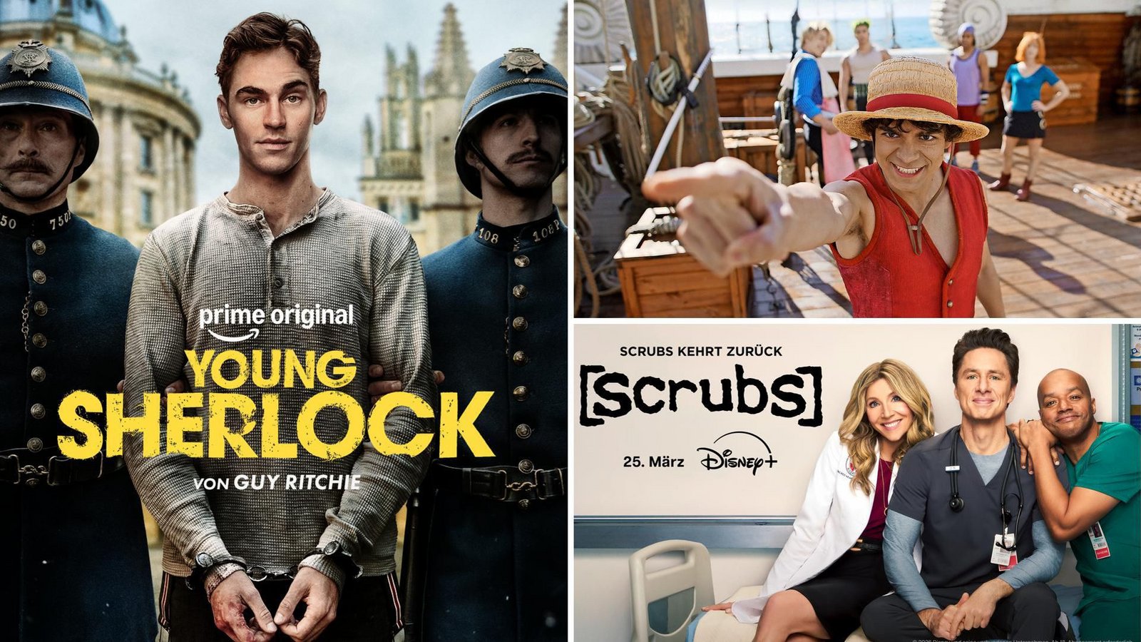 Wir wäre es zum Beispiel mit „Young Sherlock“, „One Piece“ oder „Scrubs“ (von links im Uhrzeigersinn)? Drei unserer Serientipps im MärzFoto: Amazon Studios/MGM, Netflix, Hulu