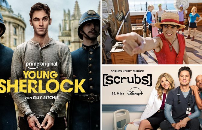 Wir wäre es zum Beispiel mit „Young Sherlock“, „One Piece“ oder „Scrubs“ (von links im Uhrzeigersinn)? Drei unserer Serientipps im März<span class='image-autor'>Foto: Amazon Studios/MGM, Netflix, Hulu</span>