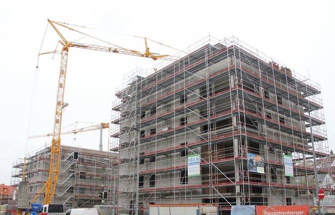 Die neue „Skyline“ der Vaihinger Hans-Krieg-Straße: Statt des WLZ-Turms, der seit einigen Wochen Geschichte ist, erheben sich zwei der geplanten sieben Neubauten bereits hoch in den grauen Aprilhimmel. <span class='image-autor'>Foto: Rieger</span>