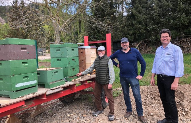 Im Ahrtal haben die Bienen aus Vaihingen ein neues Zuhause gefunden. Rudi Tschöpe freut sich über die Lieferung, die German Thüry und Klaus Grötzinger (von links) überbracht haben. <span class='image-autor'>Fotos: p</span>