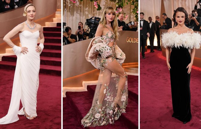 Amanda Seyfried (links) und Selena Gomez (rechts) entschieden sich für klassische Looks – Jennifer Lawrence für die Kontroverse.<span class='image-autor'>Foto: AFP</span>