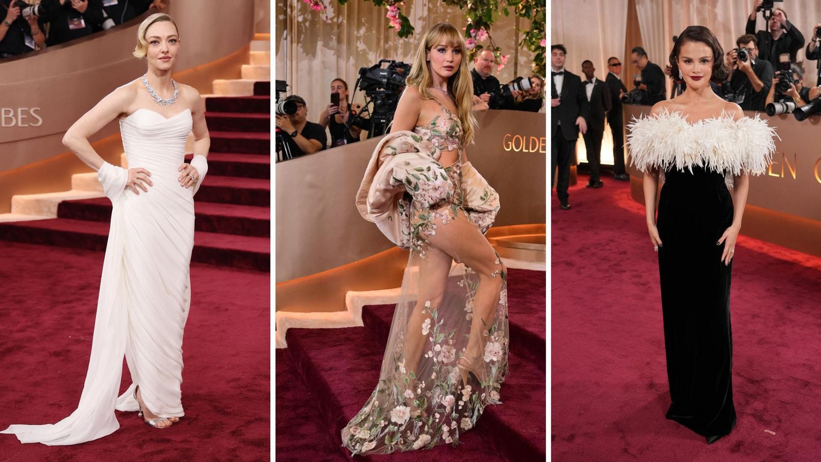 Amanda Seyfried (links) und Selena Gomez (rechts) entschieden sich für klassische Looks – Jennifer Lawrence für die Kontroverse.Foto: AFP