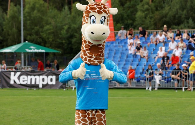 Die Giraffe Manni ist das Maskottchen der Faustball-Weltmeisterschaft 2023. <span class='image-autor'>Foto: Den Dulk</span>